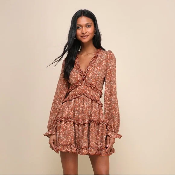 Lulus Admire You Orange Floral Print Ruffled Long Sleeve Cottagecore Mini Dress - Picture 2 of 10